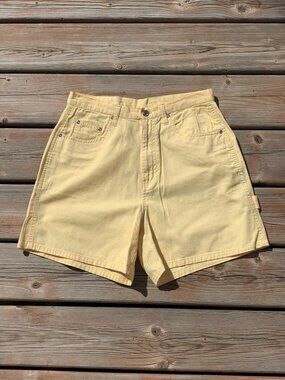 Vintage 80s 90s Carpenter Shorts Yellow 100% Cotton High Rise Mom Cargo Utility